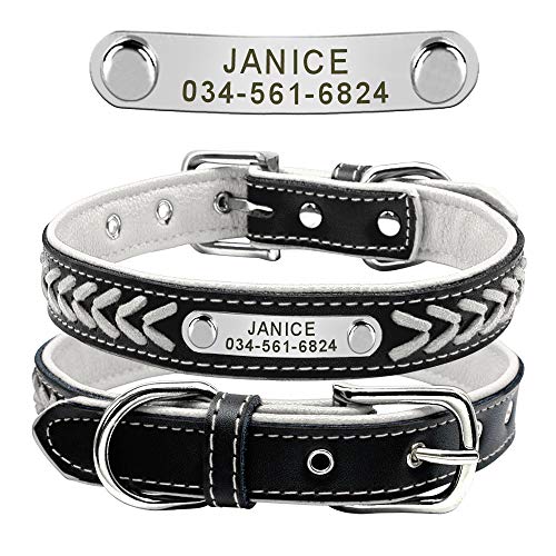 Didog Leather Custom Collar,Braided Leather Engraved Dog Collars with Personalized Nameplate for Small Medium Large Dogs,White,M Size