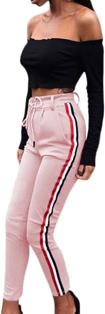 Leggings Women Pants,LILICAT Womens Casual Striped Pants Elastic High Waist Side Striped Track Pants Cropped Length OL Trousers Comfortable Leisure Gym Sports Joggers (Pink, Size:L)