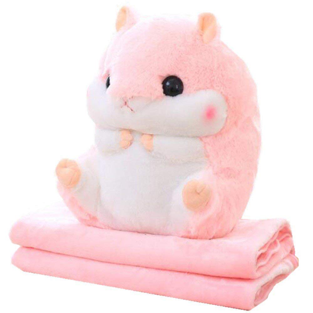 YunNasi Cuddly Plush Stuffed Hamster Pillow with Comfortable Blanket of 100cm x 170cm, Pink