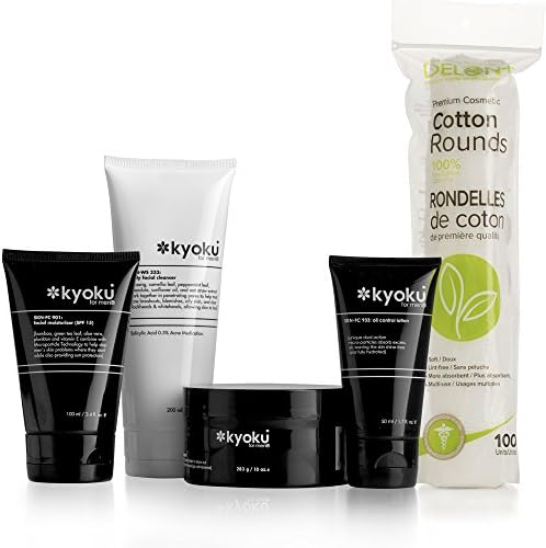 Kyoku for Men Delon Cotton Skincare Bundle | Includes Daily Facial Cleanser 6.8 oz, Facial Moisturizer 1.7 oz, Lava Mask 10 oz, Oil Control Lotion 1.7 oz | BONUS Delon Cotton Rounds 100 Count