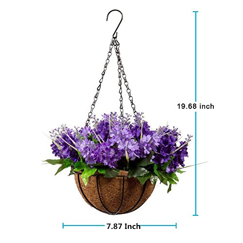 Mixiflor Lavender Artificial Hanging Flowers, Artificial Hanging Planets Silk Flower, Hanging Basket with Chain Flowerpot For Home Outdoor Decoration