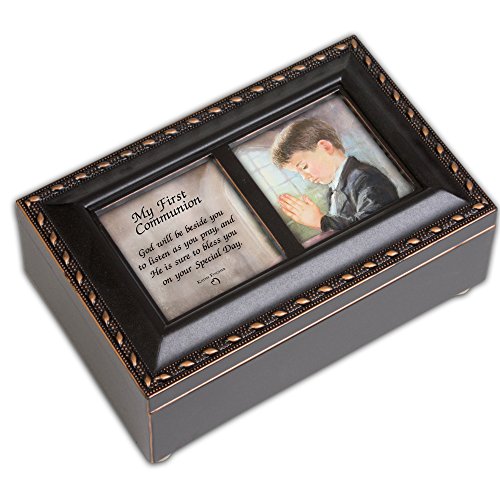 Cottage Garden First Communion Boy Distressed Black Petite Music Box/Jewelry Box
