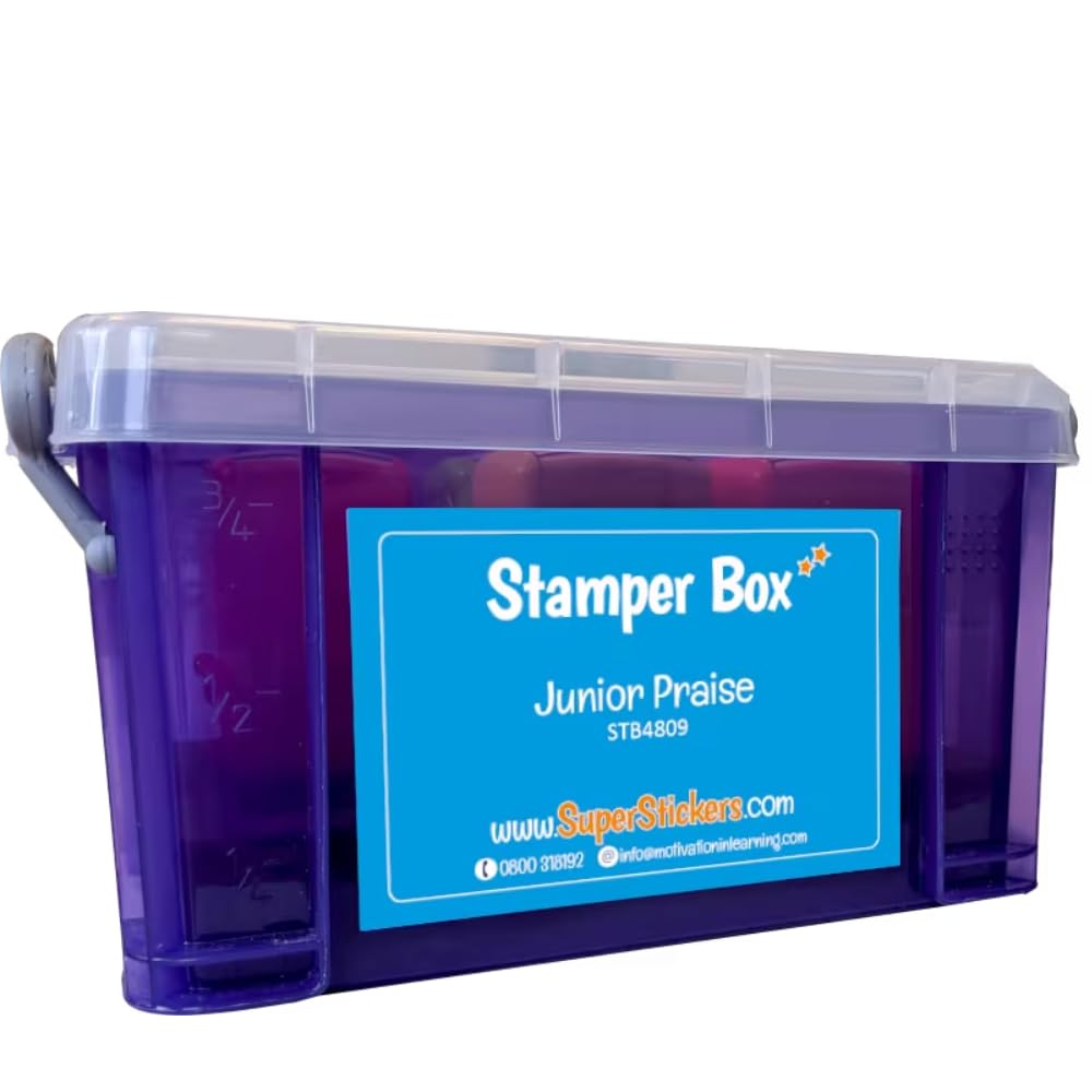SuperStickers Primary Praise Teacher Stamper Box with 6 Stamps - with Colourful Messages Brilliant, Very Good, Great Work, Well Done, Super & Fantastic!