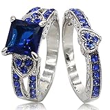 Size 5-11 Rhodium Plated Blue Cubic Zirconia Heart Shaped Wedding Engagement Anniversary Ring Set