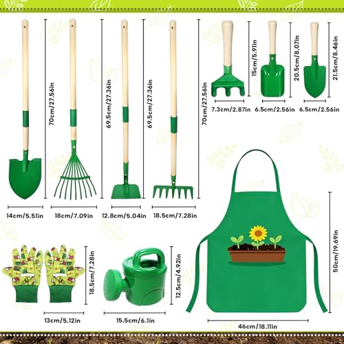 Garden Tools for Children, 10 Metal Garden Kit with Shovel, Rake, Fork, Work Gloves, Apron, Watering Can, Complete Garden Set for Kids, Outdoor Garden, Yard, Lawn (A)