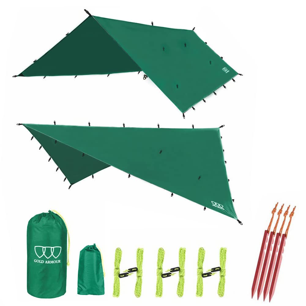 Photo 1 of Gold Armour Rainfly Tarp Hammock, Premium 14.7ft/12ft/10ft/8ft Rain Fly Cover, Waterproof Ultralight Camping Shelter Canopy, Survival Equipment Gear Camping Tent Accessories (Green 10ft x 8ft)