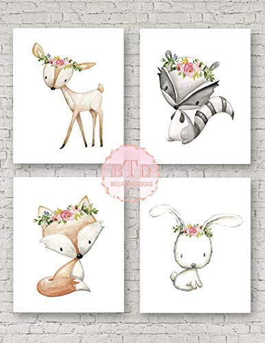 Woodland Deer Fox Bunny Rabbit Raccoon Wall Art Print Woodland Boho Bohemian Floral Nursery Baby Girl Room Set Boho Fox Woodland Bunny Deer Nursery Wall Art Print Baby Girl Room Decor