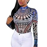 Pretid Women’s Print Mesh See Through Geometric Long Sleeve Stretchy Bodysuit Jumpsuits Rompers