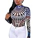 Pretid Women’s Print Mesh See Through Geometric Long Sleeve Stretchy Bodysuit Jumpsuits Rompers