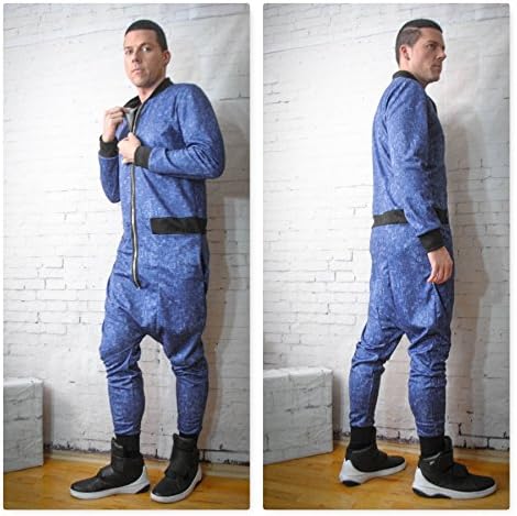 Printed Denim Spandex Jersey Drop Crotch Harem Paint Bomber Style Jumpsuit/Flight Suit Long sleeve Zipper Front Romhim Romper