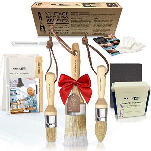 Vintage Tonality Pro Chalk & Wax Brush Set for Painting Furniture, 3 Paint Brushes, Works with Milk Paint, Clear Wax, Home Decor Large & Small Natural Hair Bristles Round, Oval, Flat Bristle Head