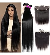 Straight Bundles with Frontal Human Hair 3 Bundles Brazilian Virgin Human Hair Weaves with 13x4 E...