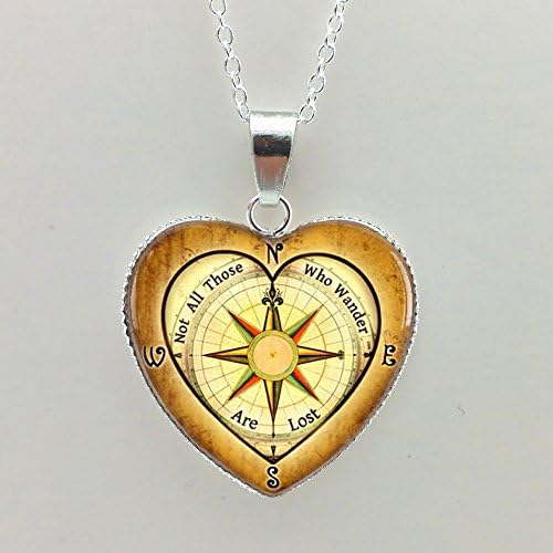 Pretty Lee 2015 New Glass Picture Pendant Compass Heart Pendant Not All Who Wander Are Lost Necklace Glass Heart Necklace
