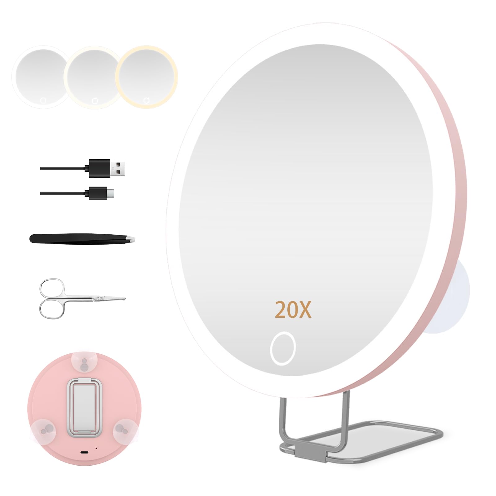 JJhxr 20X Magnifying Mirror with Light,6" Large Makeup Magnifying Mirror,3 colors Dimmable Makeup Mirror with 360° Table Stand,Portable, with 3 Suction Cups(Pink)