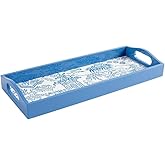 Caspari Pagoda Toile Lacquer Bar Tray – 20"x 8" Handmade, Blue, Elegant Rectangular Serving Tray