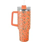 Lashicorn 40 Oz. Tumbler with Handle and Straw Orange Leopard Silver 10” tall Cup lid included Insulated Stainless Steel Vacuum Travel Mug Boutique Cheetah Print
