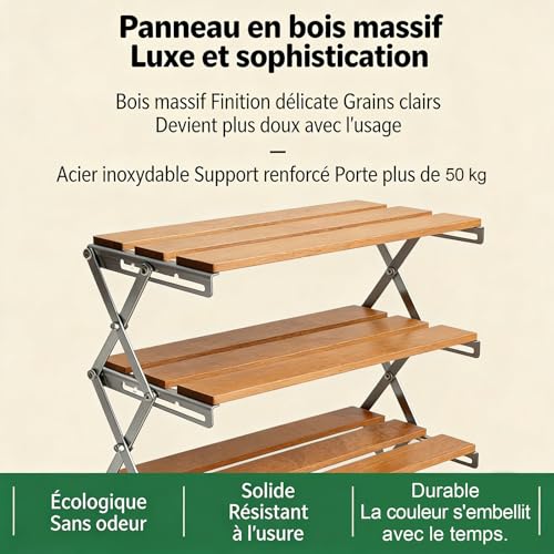 DFJLWKE Étagère à Épices Pliable 3 Niveaux- Acier Inoxydable 40cm | Organisateur de Placard-Hauteur Réglable-Bois de Noyer