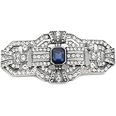 LARGE Antique Vintage Classic Art Deco Style Silver Tone Blue Sapphire Rhinestone Statement Bridal Wedding Brooch Pin