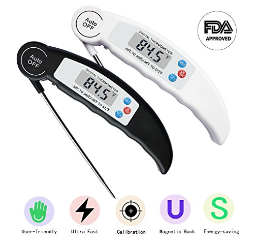 Meat Thermometer, BESTWYA Fast Read Accurate Energy Saving Foldable Cooking Thermometer With Large LCD Screen, Auto On & Off For Christmas Turkey BBQ Grill Baking Smoker Milk Bathing (Black&White)