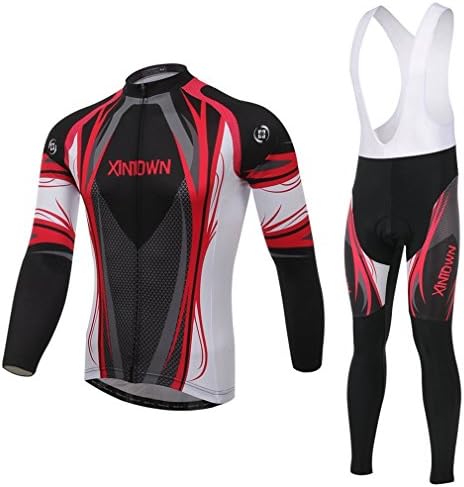 BESYL Unisex Printed High-Performance Mesh Cycling Clothing Suit, Breathable Long Sleeve Cycling Jersey and Bib Padded Pants Kit for Bicycle Bike Riding Biker (Red Black White Gray)