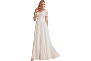 Wedding Dress Lace Short Sleeve V-Neck Chiffon A-Line Floor-Length Bridal Gown for Boho Garden Wedding