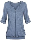 Messic Women's V Neck Cuffed Sleeve Casual Loose Work Blouse