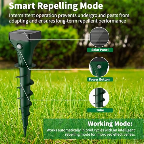 Mole Repeller Pack of 4, Solar Mole Repellent with Ultrasonic & AI Changing Frequency, Effective Vole Repellent Against Moles and Voles, IP65 Waterproof for Garden and Outdoor Use