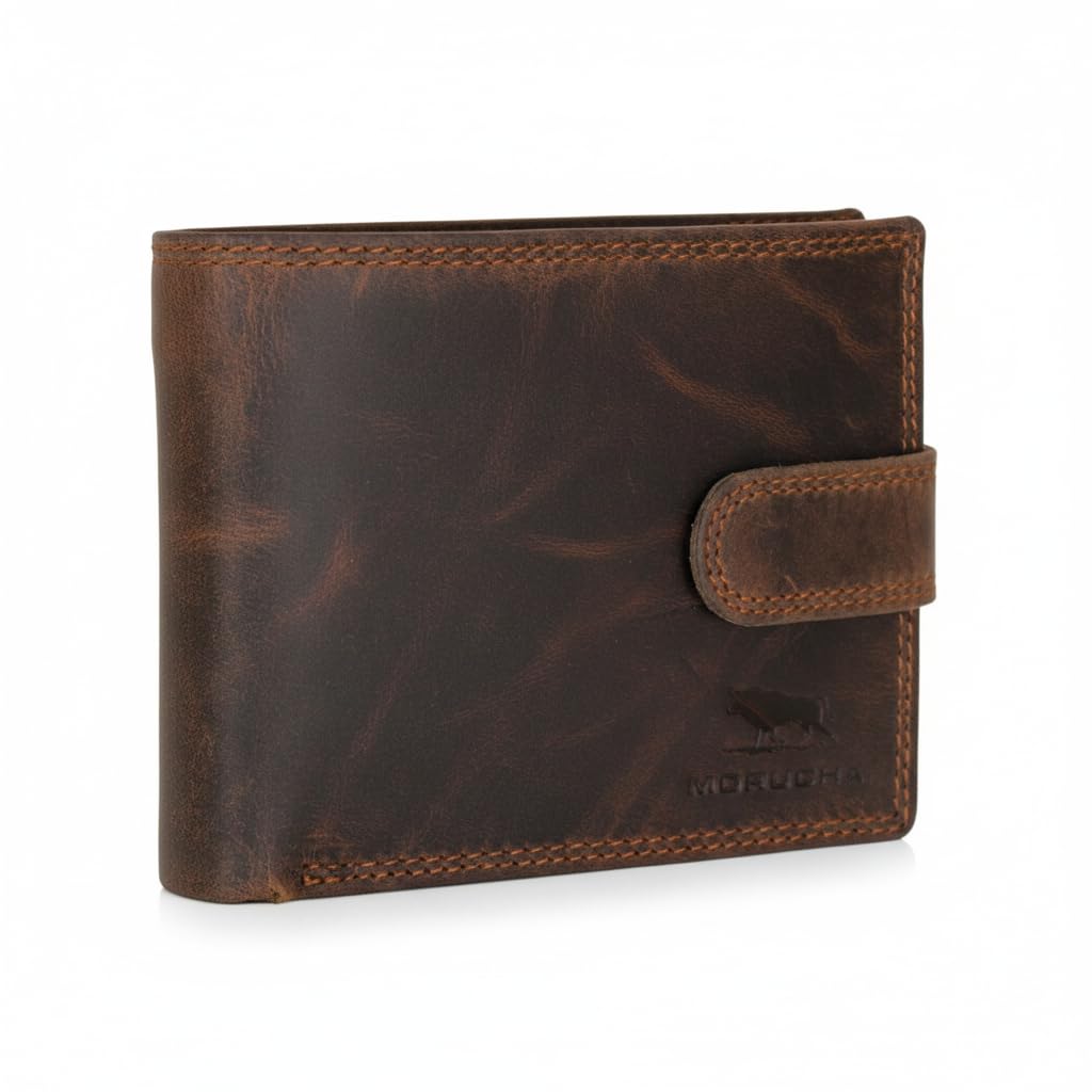 MORUCHA Wallets Men Anti-Theft RFID Blocking Genuine Distressed Hunter Leather Passcase Wallet Money Cards Coin Organiser Purse Gift for Men M80 Dark Brown