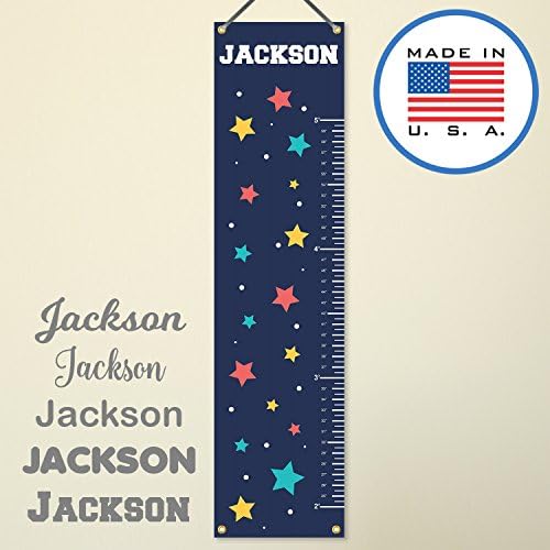WallClipz Personalized Hanging Growth Chart, Retro Stars on Navy with Name, Vinyl Banner Sign, Height Ruler Measurement, Nursery Wall Decor Baby Girl Boy, MADE IN USA