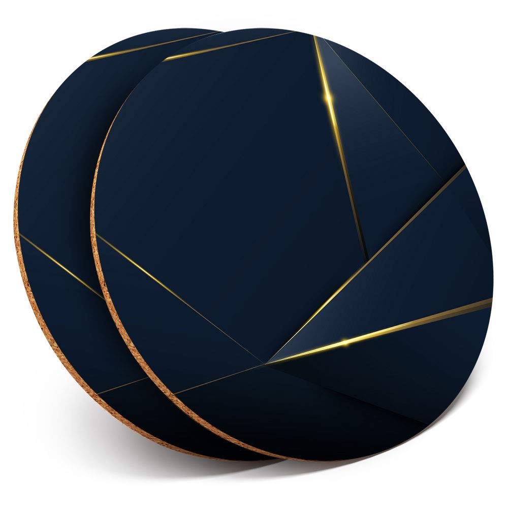2 x Round Blue Gold Pattern Art - Cork Backed Coasters Home Kitchen Accessory Tea Coffee Mug Mat #3022