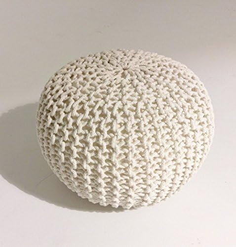 Handmade Round Knitted Pouf - Bright White - 50x35cm - Ottoman Footstool