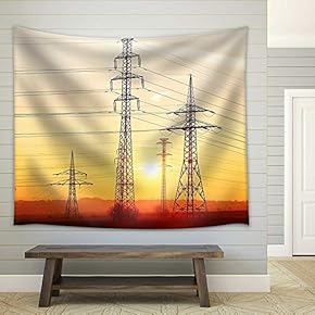 Silhouette Electricity Pylons During Sunset - Czech Republic - Fabric Wall Tapestry Home Decor - 51x60 inches