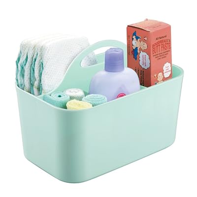 mDesign Plastic Nursery Storage Caddy Tote, Divided Bin with Handle for Child/Kids - Holds Bottles, Spoons, Bibs, Pacifiers, Diapers, Wipes, Baby Lotion - BPA Free, Small - Mint Green