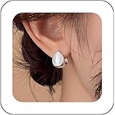 Allereyae Boho White Gemstone Teardrop Earrings Moonstone Huggie Hoop Earrings Gemstone Pear Earrings Imitation Moonstone Waterdrop Earrings moonstone gem earrings Jewelry for Women