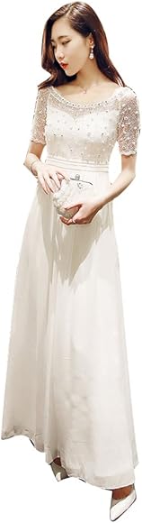 Amazon 着痩 半袖 ワンピース ボヘミアン風 パーティードレス イブニングドレス ワンピース 結婚式 花嫁ドレス 二次会 ホワイト ロングドレス 女子会 忘年会 発表会 S ワンピース チュニック 通販