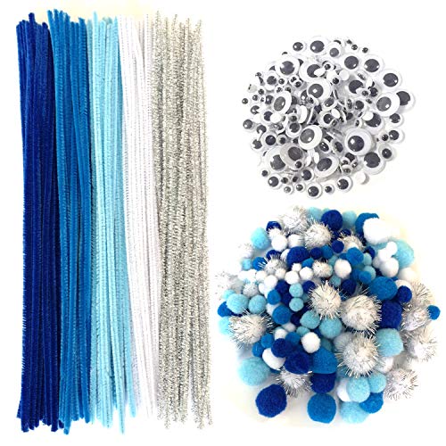 DOITEM 500 pcs Craft Pipe Cleaners Chenille Stems Bundle Including 100 Pipe Cleaners, 250 Pom Poms, 150 Wiggle Eyes, Blue and White