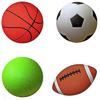 AppleRound Pack of 4 Sports Balls with 1 Pump: 1 Each of 5" Soccer Ball, 5" Basketball, 5" Playground Ball, and 6.5" Football