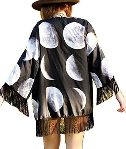 Efashionmx Womens Moon Phases Print Fringe Kimono (Small)