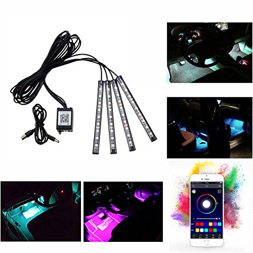 Car Interior Lighting Kit 4pcs - Wireless Bluetooth APP Control for Android/iPhone Vehicle Underdash Decoration USB RGB LED Strips Lights Atmosphere Lamp 7 Colors Change with Music for Car TV Home - Thumbnail 5