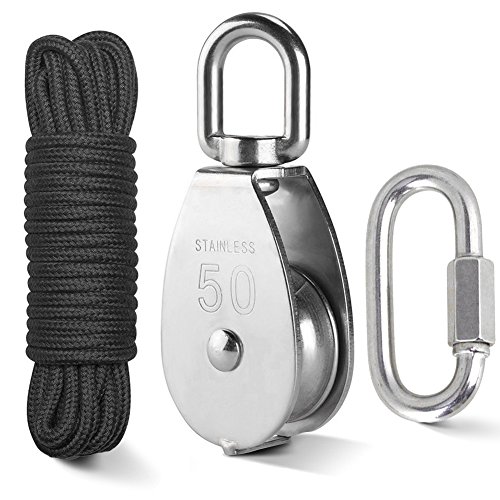 TooTaci Crane Pulley Block M50 Lifting Crane Swivel Hook single Pulley Block Hanging Wire Towing Wheel 304 Stainless Steel - 10 meter High Strength Nylon Pulley rope & Carabiner Snap Hook Clips - Load