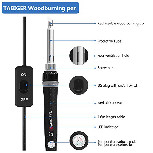 Tabiger Wood Burning Kit, 60W Pyrography Pen/Wood Burning Pen with Adjustable Temp 200~450â„ƒ and ON/OFF Switch, 28 PCS Carving/Embossing/Soldering Tips, 3PCS Stencils, Carving knife, Stand, PU Case