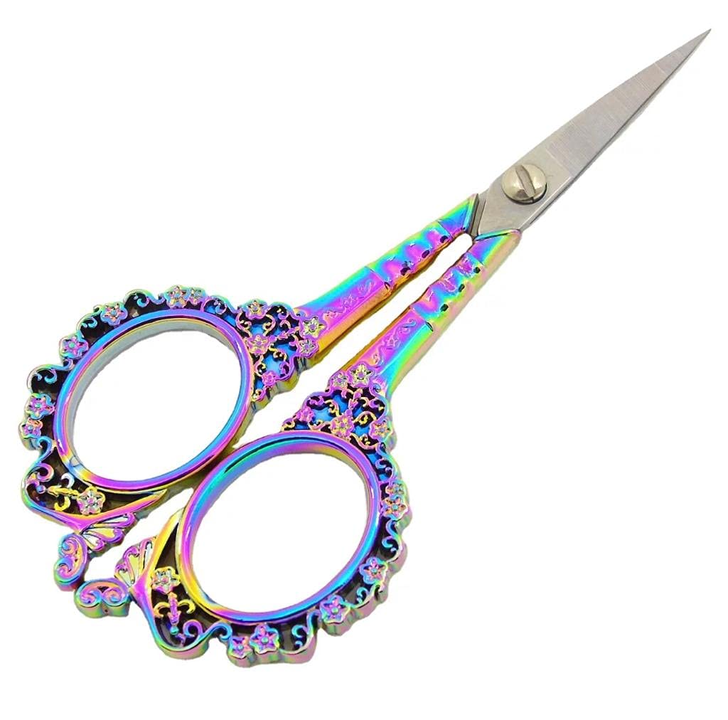 Vintage Classic European Style Scissors for Embroidery, Sewing, Nail Scissors and Everyday use Stainless Steel Plum Blossom Floral Pattern Scissors | Multi-Purpose Small Craft Scissors, Multi-Colour