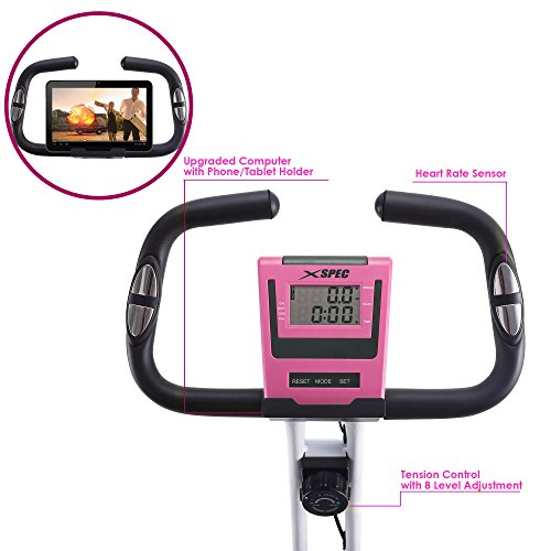Xspec Foldable Stationary Upright Exercise Bike Magnetic Cardio Workout Indoor Cycling, Pink/White, Monitor with Phone/Tablet Holder, Heart Rate Pulse Sensor - Thumbnail 6