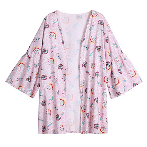 HOT! ! ! New Pink Girlish Print CardiganWomen Floral Print Beach Loose Shawl Kimono Cardigan Top Cover Blouse