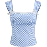 Women Gingham Lace Trim Crop Tank Tops Square Neck Corset Top Plaid Y2K Sleeveless Going Out Tops Slim Fit Cami Shirts