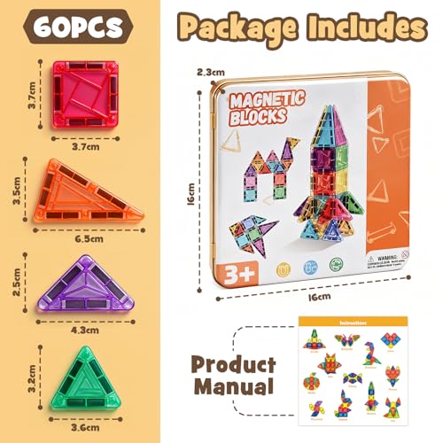 Dreamon 60 PCS Mini Magnetic Tiles Set Travel Magnetic Tiles for Kids with Iron Case Magnetics Blocks Building Toy Christmas Birthday Gift Boys Girls Age 3 4 5 6 7 8 Years