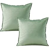 VAKADO Throw Pillow Covers 18x18 Set of 2 Sage Green Velvet Decor Decorative Couch Cushion Euro with Fringe Pillowcases Home Bed Decoration for Sofa Bedroom Office Indoor