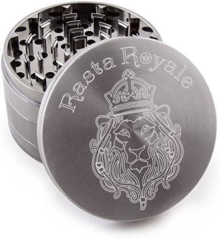 Rasta Royale 4" Inch 4 Piece Curved Blade Design Herb Tobacco Grinder with Pollen Catcher and Scraper - Gray