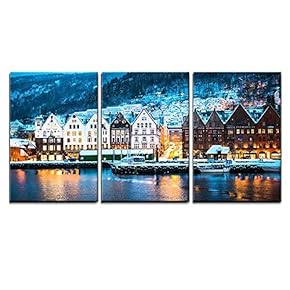3 Piece Canvas Wall Art - Night View in Bruges, Bergen, Norway - Modern Home Art Stretched and Framed Ready to Hang - 16"x24"x3 Panels
