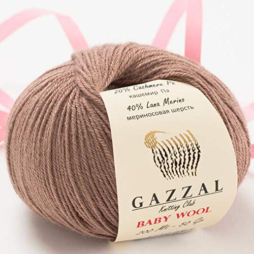 Gazzal Baby Wool 1.76 Oz (50g) / 218 Yards (200m) Fine Baby Yarn, 40% Lana Merino, 20% Cashmere Type Polyamide; (Light Brown - 835)